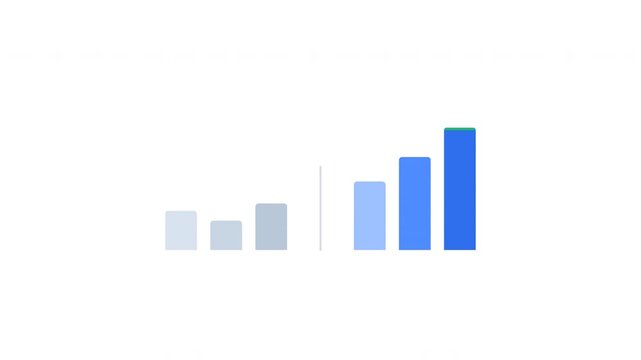 Financial growth data visualization in motion graphics, animation style showing rising blue bar charts for business revenue analysis