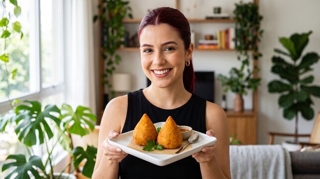 Commercial food lifestyle stock photo of a smiling woman holding a tray of golden Brazilian coxinha fried snacks.