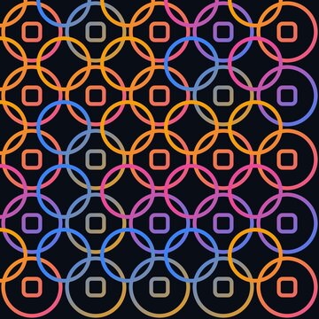 A vibrant geometric pattern of interlocking colorful rings and rounded squares on a dark background, creating a modern and abstract visual style.