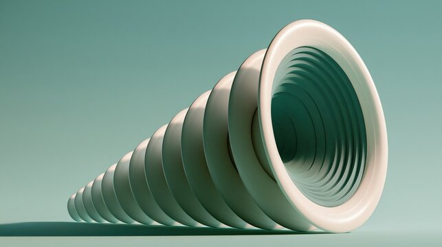 A stack of speaker cones of increasing size in a clean minimal 3D render on a calm neutral backdrop with a single cyan highlight and copy space