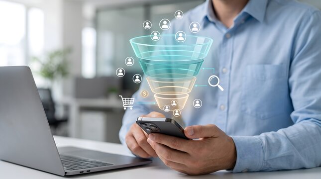 Businessman using smartphone with holographic marketing funnel and user network. Concept of lead generation and e-commerce sales optimization.
