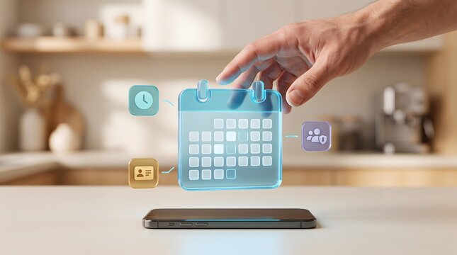 Hand hovering over smartphone with glowing holographic calendar and user icons. Concept of project management scheduling and human resources software.