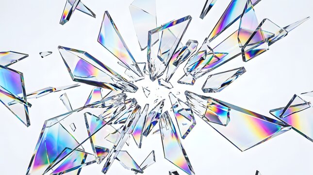Shattered acrylic glass with rainbow light refraction and fractured prism patterns