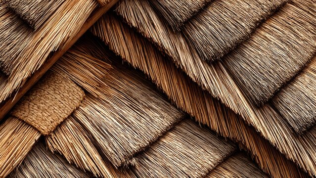 Wooden roof shingles overlap in a textured pattern suitable for building backgrounds.