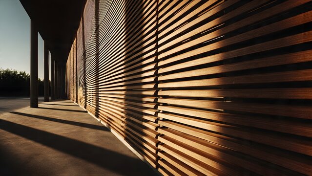 Wooden louver wall lines a concrete walkway along the facade of a modern architectural structure.