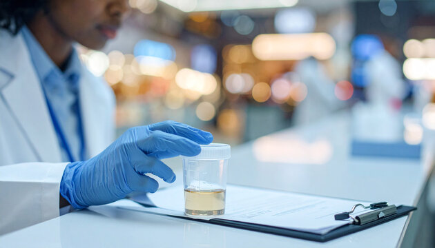 Medical Sample Collection: A focused medical professional wearing blue gloves carefully handles a urine sample cup on a clipboard, in a laboratory setting.