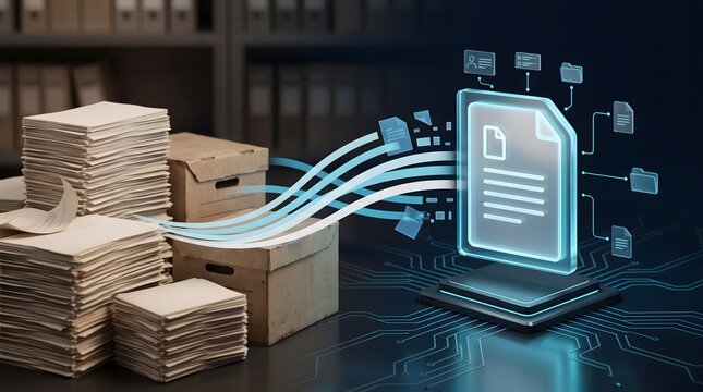 Stacks of paper document boxes transforming into glowing holographic digital file icon. Concept of document digitization, electronic records, and paperless office.