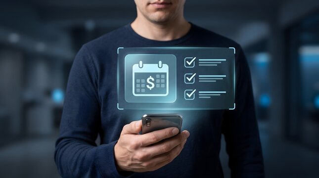 Professional man using smartphone with glowing holographic financial calendar and checklist. Concept of payroll schedule, budget planning, and corporate expense tracking.