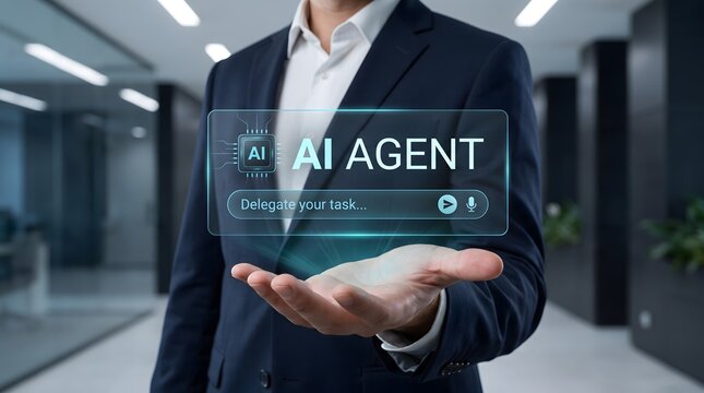 Man holding glowing holographic artificial intelligence agent search bar interface. Concept of workflow automation, and smart business operation.