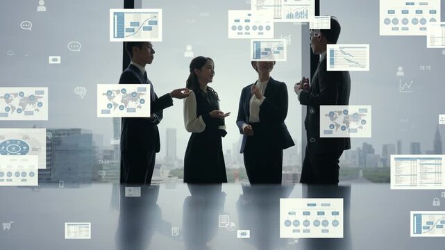 会話する人々とビジネスデータ。経営、企業、DX、デジタル、情報、分析、会議、経済、金融、経理、決算