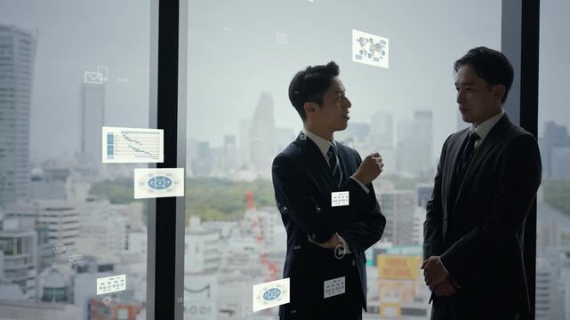 会話する人々とビジネスデータ。経営、決算、投資、資産運用、経理、マネー、企業、書類、分析、人材、統計