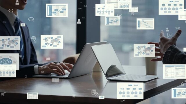 People conversing and business data. Management, accounting, analysis, statistics, financial closing, corporate affairs, investment, asset management, bookkeeping, tax filing.