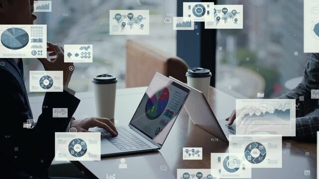 People conversing and business data. Management, accounting, analysis, statistics, financial closing, corporate affairs, investment, asset management, bookkeeping, tax filing.