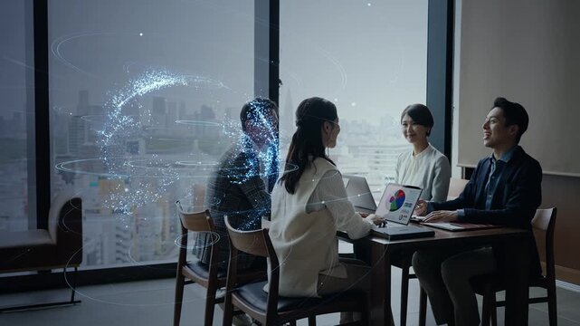 会話する人々とネットワーク。ビジネス、DX、AI、クラウド、システム、通信、データ、企業、人材、経営