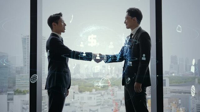 握手するビジネスパーソンとネットワーク。DX、クラウド、AI、アプリ、通信、商談、サポート、サービス