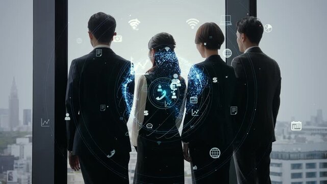 ビジネスパーソンのグループとデジタルテクノロジー。DX、チームワーク、アプリ、ネットワーク、クラウド