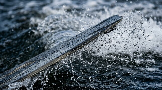 A wooden board dips into water and sprays droplets into the air.