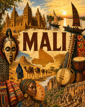 Mali Travel Poster with Djenn&eacute; Mosque, Niger River, Desert Caravan and West African Culture