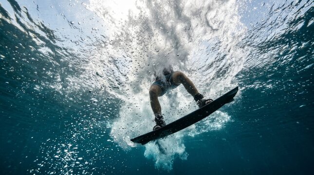 An underwater view shows a surfer riding a board through spray.