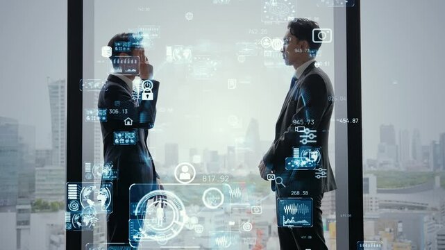 会話するビジネスパーソンとデジタルテクノロジー。DX、商談、クラウド、IT、未来、データ、AI、経営