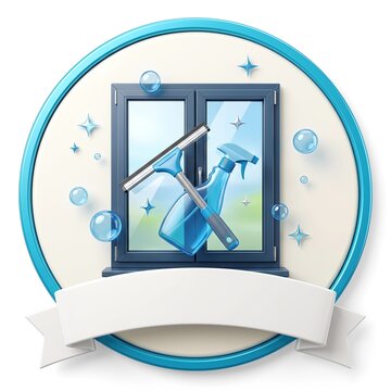 Cute 3D style window cleaning logo featuring glass window with squeegee and spray bottle inside round frame with blank white ribbon banner mockup on isolated white background