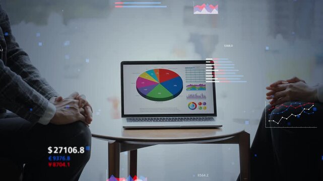 People conversing and business data. Finance, economics, investment, asset management, graphs, analysis, management, meetings, statistics, accounting.
