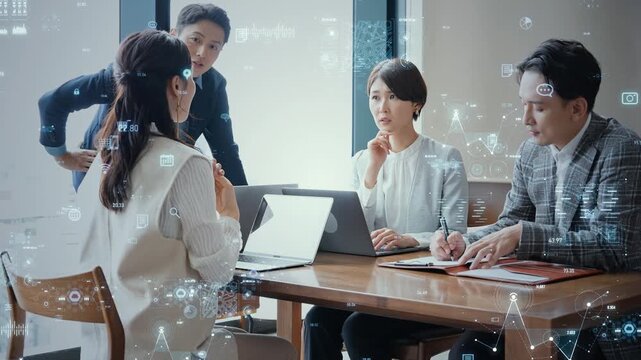 会話する人々とデジタルテクノロジー。ビジネス、テック、会議、DX、IT、ERP、AI、データ、情報