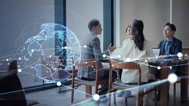 会話する人々とグローバルネットワーク。ビジネス、企業、人材、会議、DX、AI、IT、通信、社会、経営