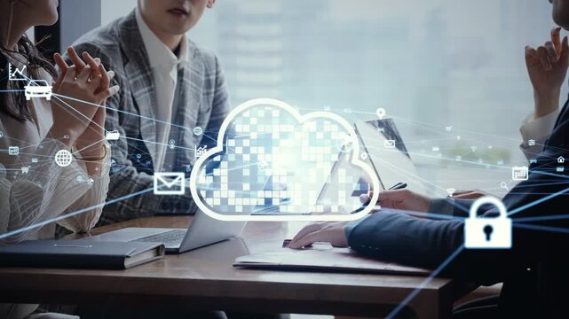 People conversing and a cloud network. Business, ERP, DX, apps, telecommunications, systems, data, AI.