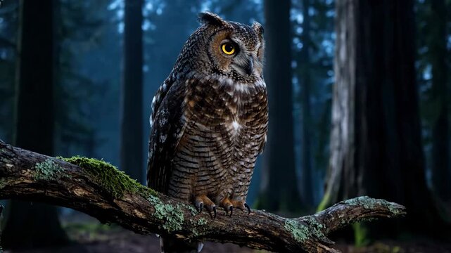 Owl perched on mossy branch in misty forest at night