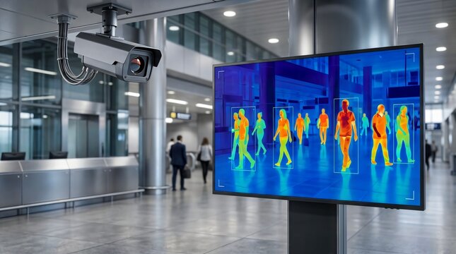 Thermal camera detects people in building lobby with heatmap display