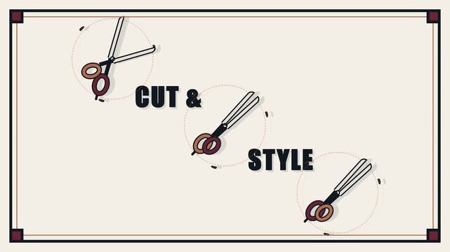Barbershop Animation of Rotating Scissors with Cut and Style Text Graphic on White Background