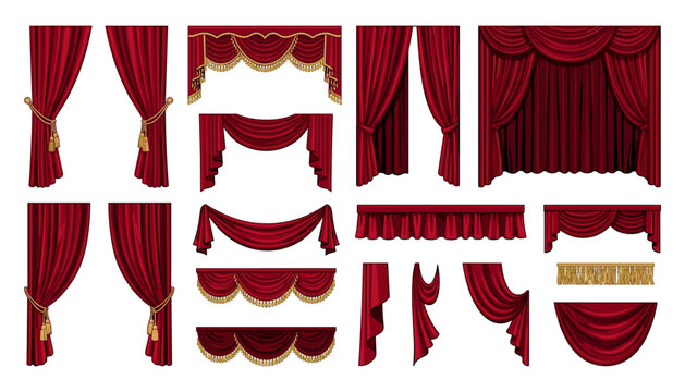 Red Curtains Set with Gold Tassels and Decorative Borders Featuring Stage