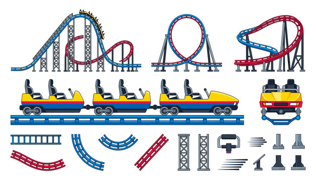 Roller Coaster Track Elements and Train Car Illustration