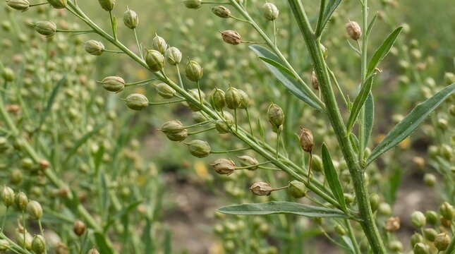 A close-up shot of green and ripening seed pods of flame-Camelina sativa growing in a rural agricultural field during summer