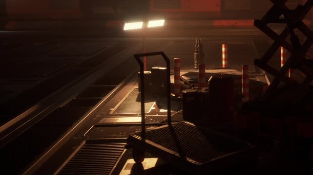 The scene shows a construction site with tools and equipment in low light. There are scattered items and the presence of safety cones.