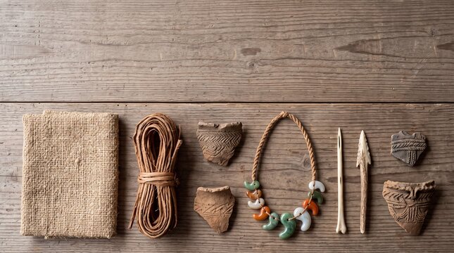 縄文時代の道具とアクセサリーのフラットレイ
縄文時代の服飾・装飾品・土器片の真上構図
古代日本の暮らしと道具（コピースペースあり）