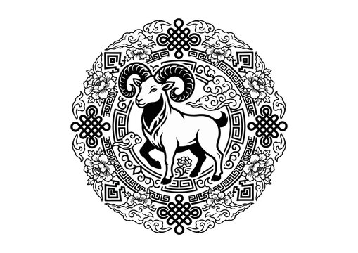 Intricate ram zodiac sign illustration featuring traditional oriental decorative patterns and symbolic knots rendered as a professional vector on transparent background.