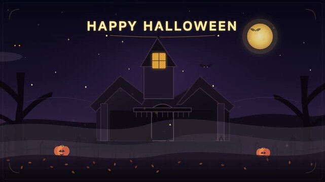A Spooky Halloween Night Celebration Vector Illustration Featuring a Haunted House Under a Full Moon with Flying Bats and Glowing Jack-o'-Lanterns