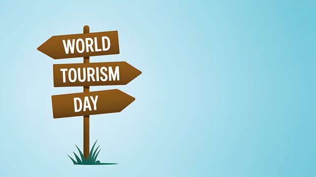 World Tourism Day Signpost with Travel Direction Arrows and Blue Sky Tourism Celebration Illustration