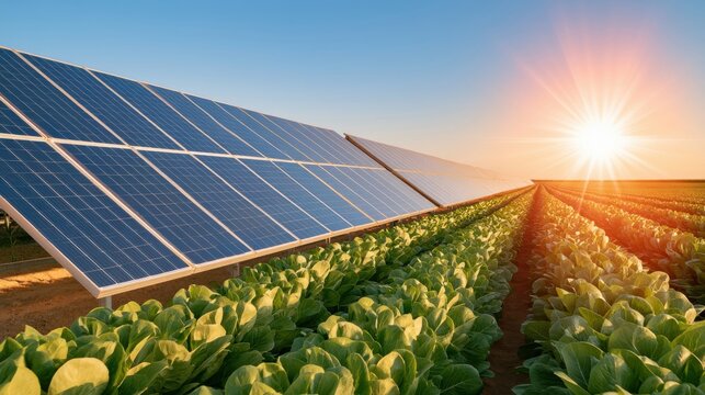 Solar panels beside green crop field at golden hour sunset