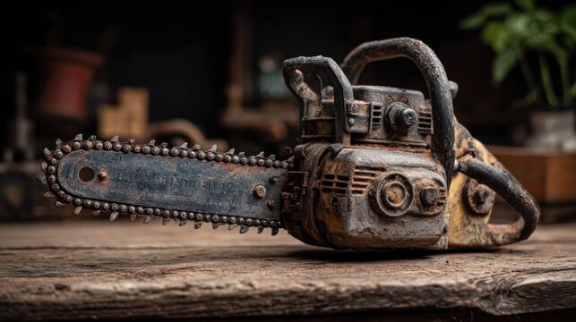 Close up of old chainsaw on wooden surface