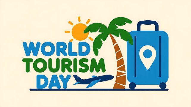 World Tourism Day Travel Celebration Banner with Palm Trees Suitcase and Location Pin Illustration