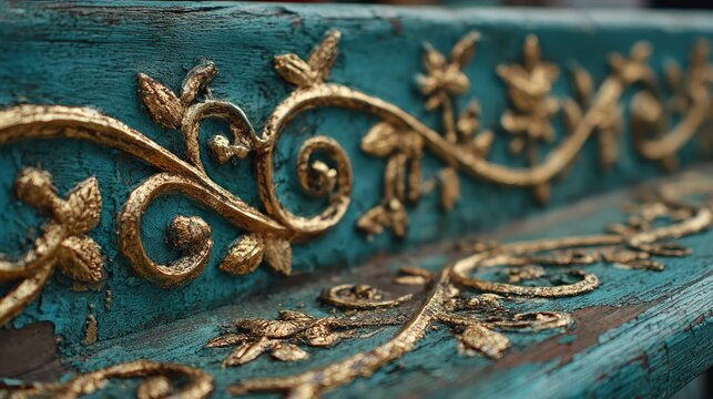 Close up ornate gold floral detail on turquoise wood
