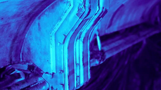 A close view of a surface showing bright blue patterns illuminated by light. The texture appears worn and aged. This scene takes place in a dimly lit space at night.