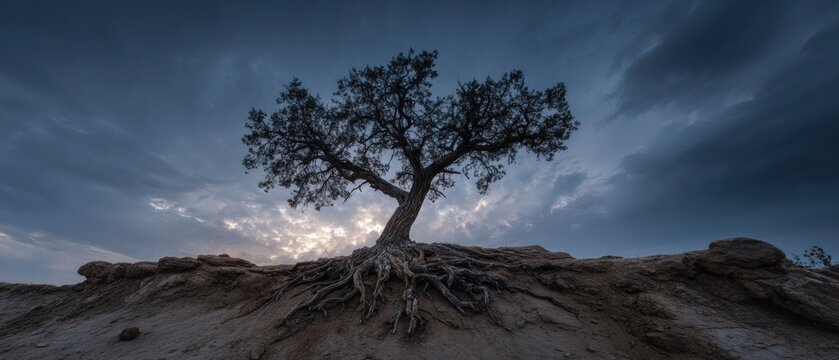 Dramatic landscape with tree and exposed roots