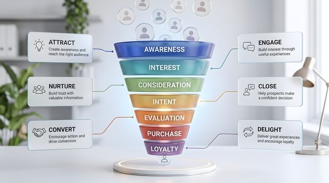 Transparent glass text funnel diagram with floating side panels and user avatars. Concept of customer journey map, and sales conversion optimization.
