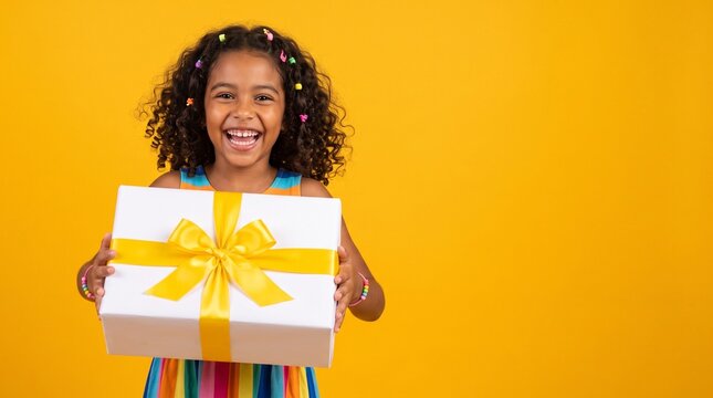 Happy young girl holding a white gift box with yellow ribbon on yellow background
