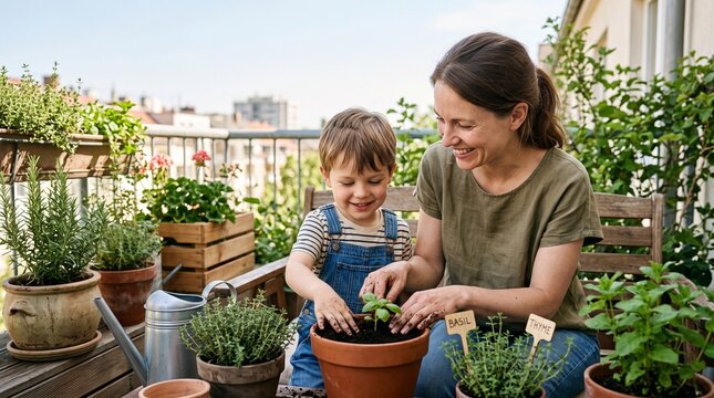 Mother and son planting herbs on a sunny balcony garden