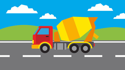 Fototapeta premium Cement Mixer Truck On Road Vector Illustration
